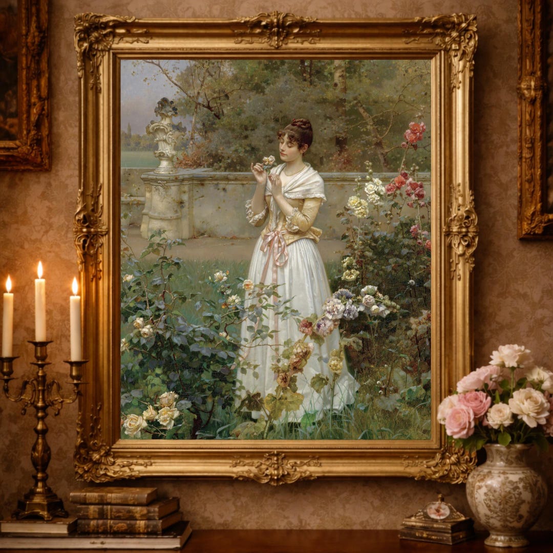 Woman in Rose Garden Print: Vintage Victorian Portrait Painting - Etsy