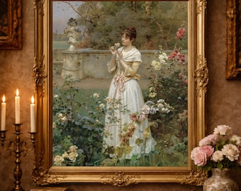 Woman in Rose Garden Print: Vintage Victorian Portrait Painting