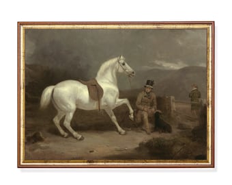 May include: A painting of a white horse with a saddle, standing in a field with a man sitting on a stone wall and a second man standing in the background. The horse is facing the viewer and the man is looking at the horse.