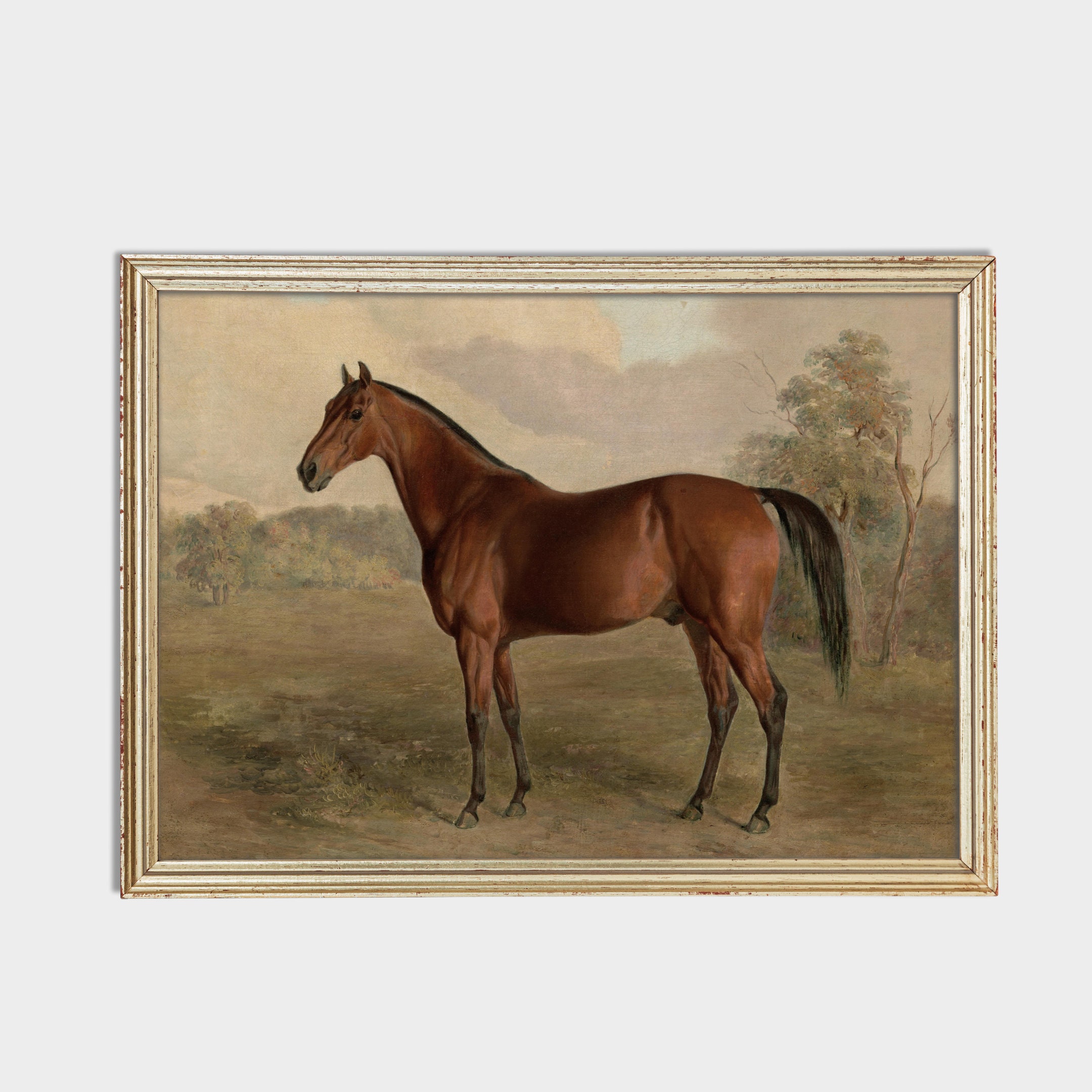 ヴィンテージ馬のアートプリント：アンティークな乗馬絵画、素朴な農家