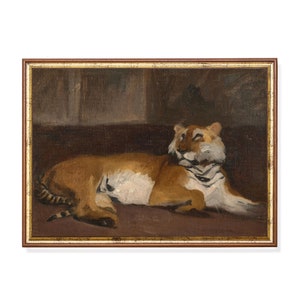 Vintage Tiger Oil Painting Print: Moody Rustic Animal Art
