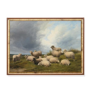 Vintage Sheep Painting: Antique Country Landscape Art Print