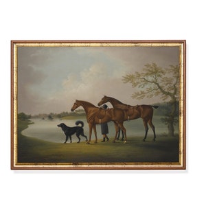 Vintage Equestrian Art Print: Horses, Dog, Lakeside Landscape (Digital Download