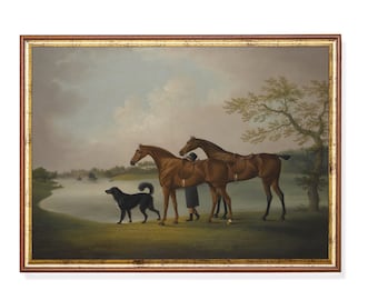 Vintage Pferd und Hund Gemälde: Rustikaler Kunstdruck