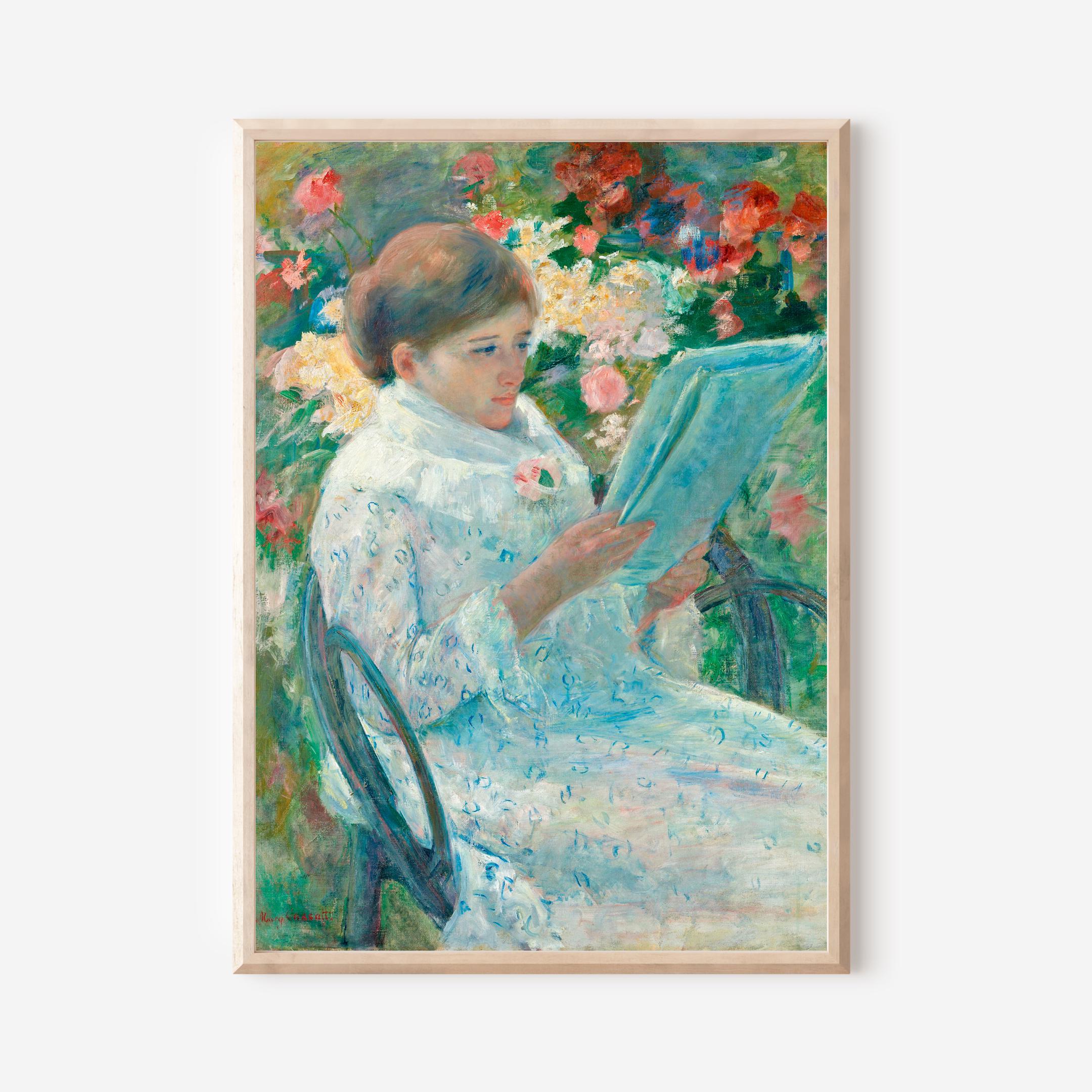 メアリー・カサットのアートプリント：庭で読書をする女性 - 印象派の