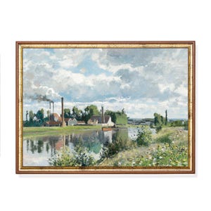 以下が含まれることがあります： 川沿いの風景を描いた額入りの風景画。工場、木々、曇り空が描かれています。アートワークは、金色の内側の縁が付いた茶色の木製フレームが特徴です。絵画の色使いは青、緑、茶色で、穏やかな雰囲気を作り出しています。