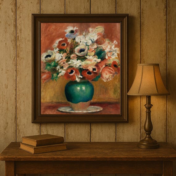 ルノワールのアネモネの版画：ヴィンテージの花の静物画、印象派の絵画