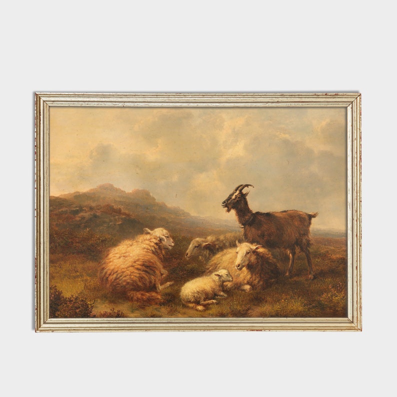 May include: A framed oil painting depicting a brown goat and four sheep in a grassy field. The goat is standing and looking to the left, while the sheep are lying down. The background is a hazy landscape with hills and clouds.