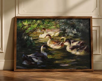 アヒルの絵 池 水彩画 アートプリント 森 湖 壁アート 風景画 緑の森
