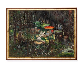 Enchanted Forest Print: Whimsical Gnomes, Mushrooms & Magical Child