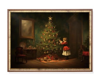 Vintage Victorian Christmas Tree Print, Child Decorating, Antique Holiday Wall Art (Digital Download)