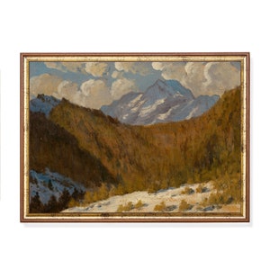 Vintage Mountain Landscape Print | 19th Century Alpine Painting with Snowy Peaks and Forest Valleys | Rustic Nature Digital Download