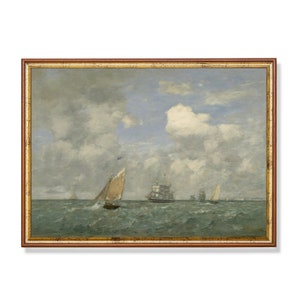 Vintage Sailing Boat Painting | Antique Seascape | Fine Print | Ocean Beach Ship | Nautical Decor | Digital Download | Printable Wall Art