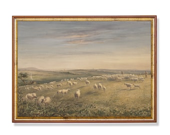 Vintage Landscape Painting | Flock of Sheep with Shepherd | Country Landscape | Antique Painting | Printable Wall Art | Digital Download
