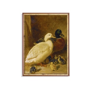 Vintage Duck and Ducklings Print: Antique Bird Painting