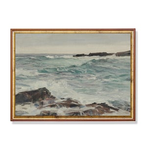 Impresión por correo / Pintura vintage del paisaje marino / Impresión antigua de olas de playa del océano / Decoración costera / Pintura al óleo / Impreso y enviado
