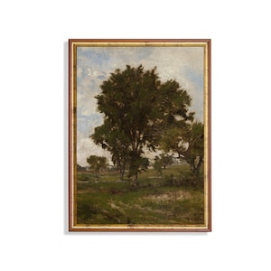 Vintage Country Landscape Painting: Rustic Tree Print