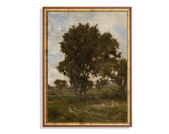 Vintage Country Landscape Painting: Rustic Tree Print