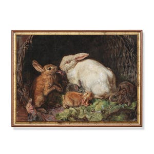 Antique Rabbit Print: 19th Century Mother Hare & Bunnies