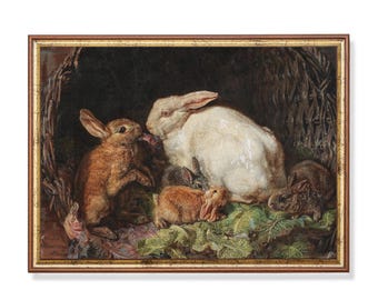 Antique Rabbit Print: 19th Century Mother Hare & Bunnies