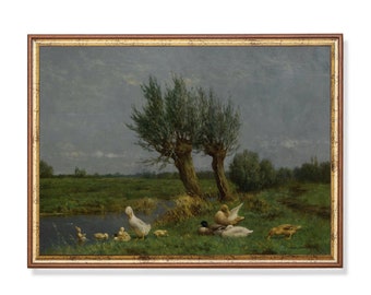 Antique Duck Family Landscape Painting: Vintage Farmhouse Print (Digital Download)