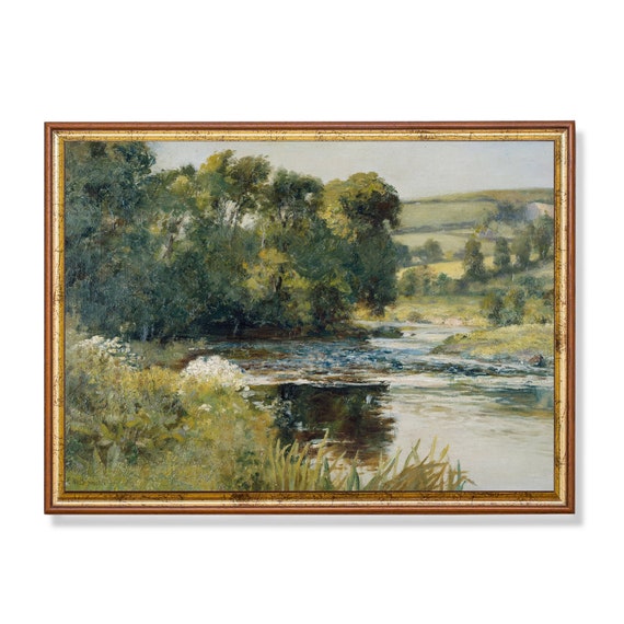 Vintage Country Landscape Painting: Rustic Farmhouse Decor (Digital Download)