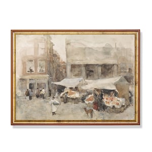 Vintage Market Scene Print: Rustic European Town Square (Digital Download