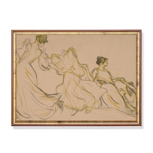 Vintage Women Dancing Sketch Print: Neutral Antique Art