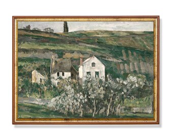 Pintura de paisaje de cabaña vintage: Impresión artística de una antigua casa de campo