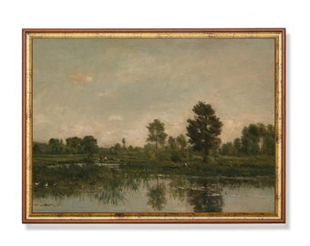 Tranquil Landscape Wall Art – Vintage River Scene Print with Trees and Reflections, Rustic Nature Decor for Country Homes and Cozy Interiors