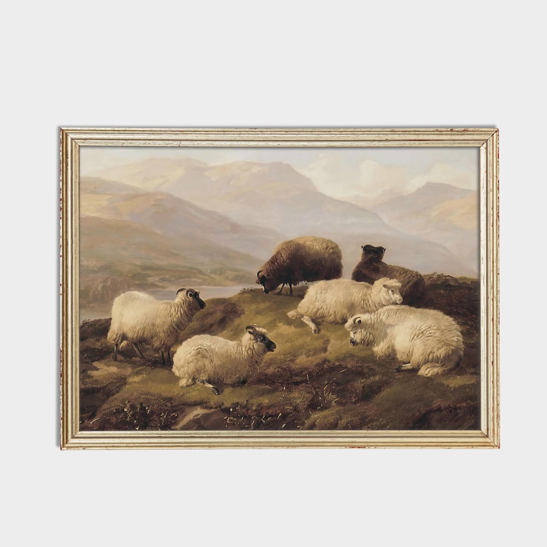 Vintage Sheep Landscape Painting: Farmhouse Fine Art Print (digital ...