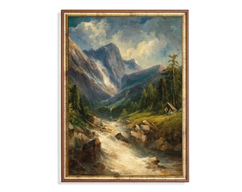 Vintage schilderij berglandschap: rustieke boskunstdruk