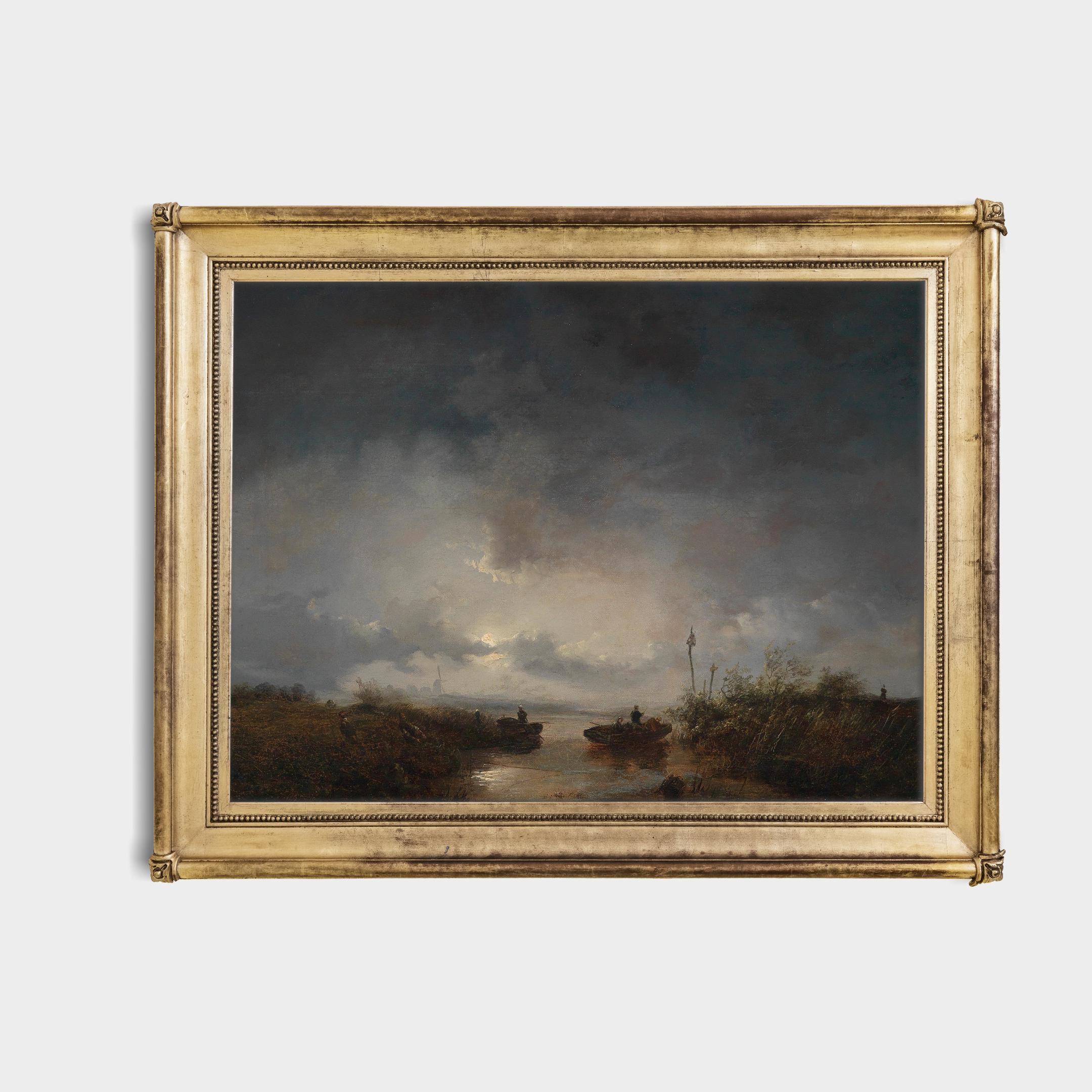 アンティーク川の風景画：憂鬱な夕空、ヴィンテージの湿地風景