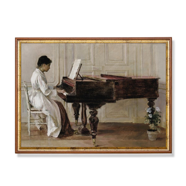 Vintage Painting | Woman Playing Piano | Antique Portrait Painting | Digital Download | Printable Wall Art | Victorian Print | Moody Rustic