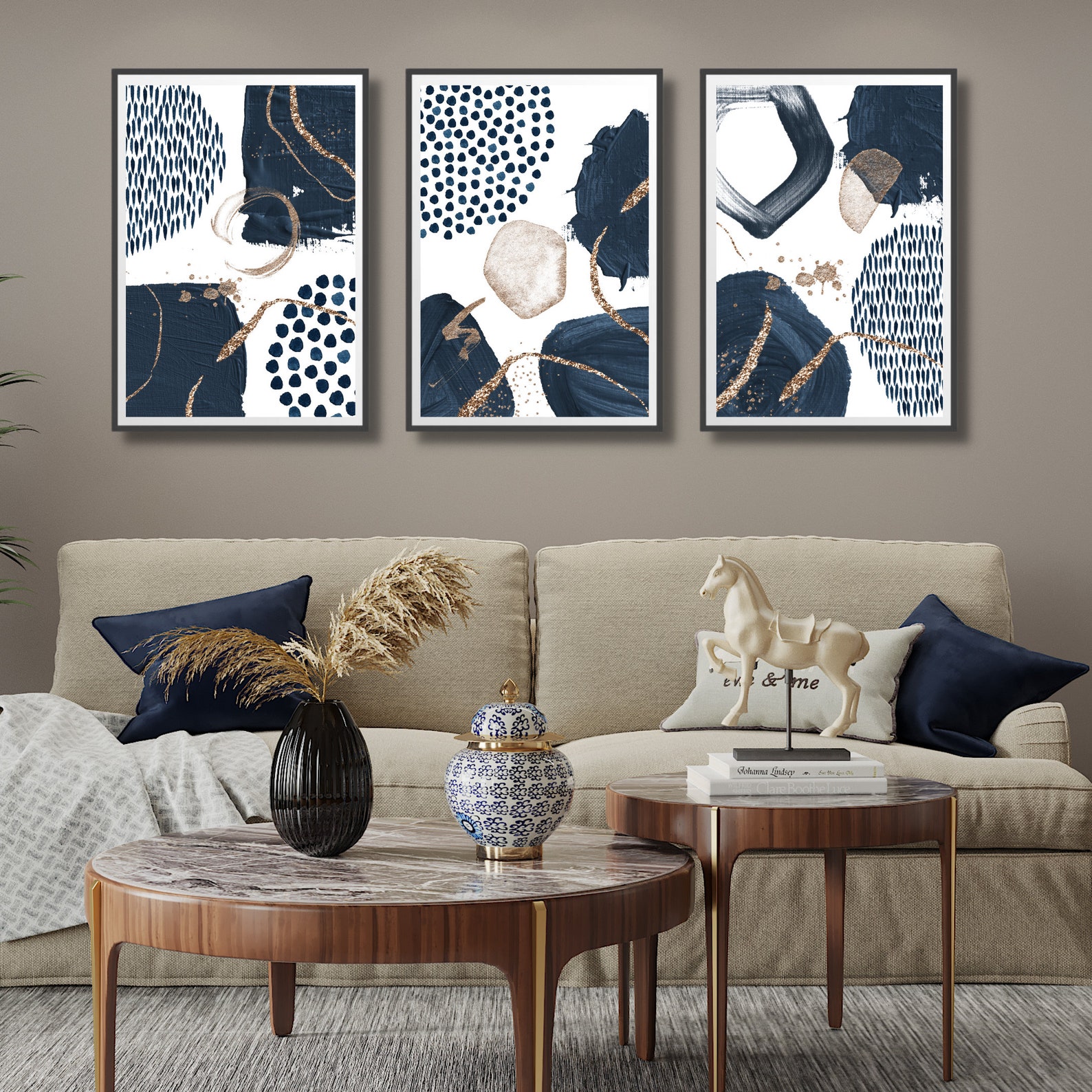 Navy Blue Gold Wall Art Print Set of 3 Nordic Printable Poster Etsy
