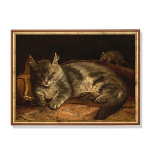 Vintage Cat Painting | Antique Animal Print | Digital Download | Printable Wall Art | Grey Cat and Rat | Farmhouse Decor | Moody Rustic Art