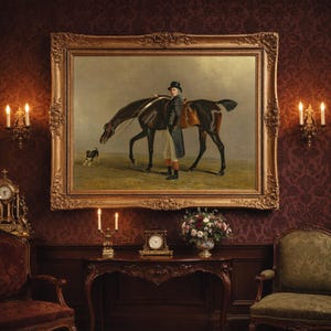 Equestrian Portrait Art Print – English Horse & Handler, Vintage Dog Painting (Digital Download)
