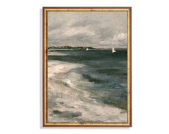 Vintage zeegezichtschilderij | Moody kustzeilboot kunstprint, decor strand meerhuis