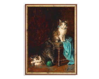 Vintage schilderij katten: antieke kittenprint, boerderijdecor
