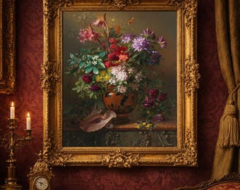 Vintage nature morte florale : fleurs anciennes dans un vase Impression artistique
