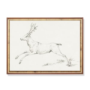 Vintage Reh Skizze Druck, Antike Kunst Wildtiere, springende Rehe, Rustikale Natur Wand Dekoration, Klassische Tier Zeichnung Reproduktion
