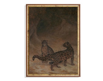 Mailed Print | Vintage Leopards Painting | Antique Animal Print | Moody Rustic Art |  Farmhouse Decor | Fine Art | Printed and Shipped