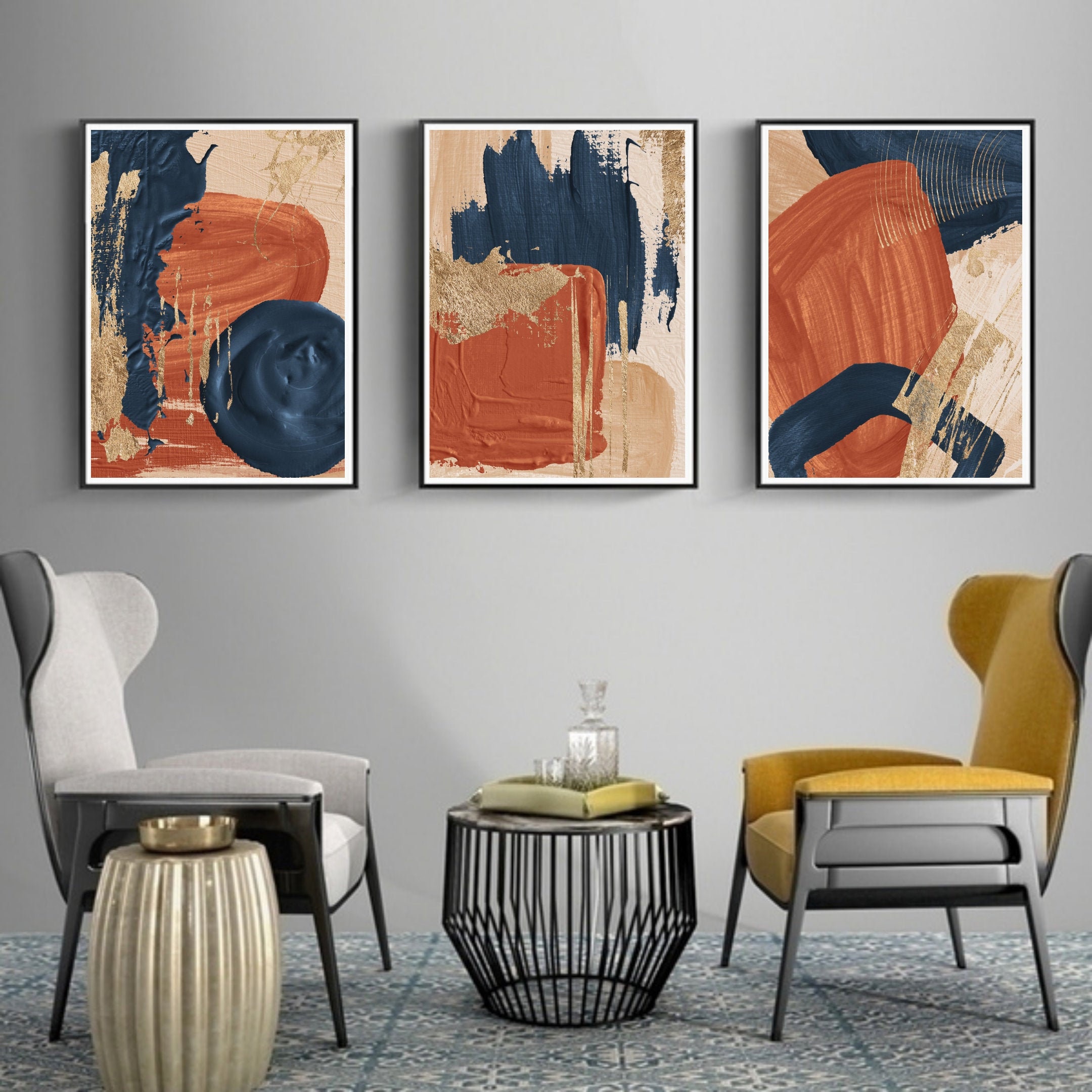 Terracotta Navy Blue Beige Gold Art 3 Piece Wall Art Abstract Etsy