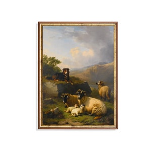 Sheep and Dog Painting: Vintage Farmhouse Animal Print
