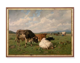 牧草地の牛の絵画アートプリント、動物と草原のアートプリント、牛と