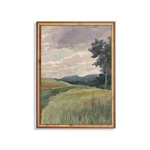 Vintage Watercolor Landscape Painting: Rustic Farmhouse Print