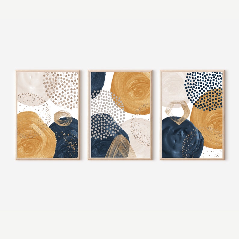 3 Piece Wall Art Navy Blue Mustard Ivory Gold Art Trendy Etsy