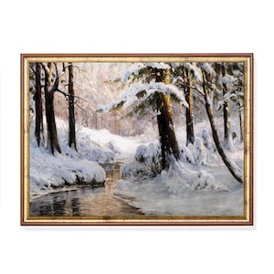 Vintage Winter Landscape Painting: Snowy Cabin Decor Print