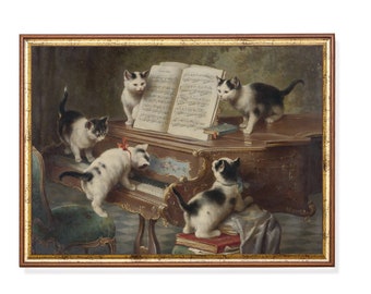 Lámina vintage de gatos tocando el piano: pintura antigua de animales, decoración de estilo rústico.