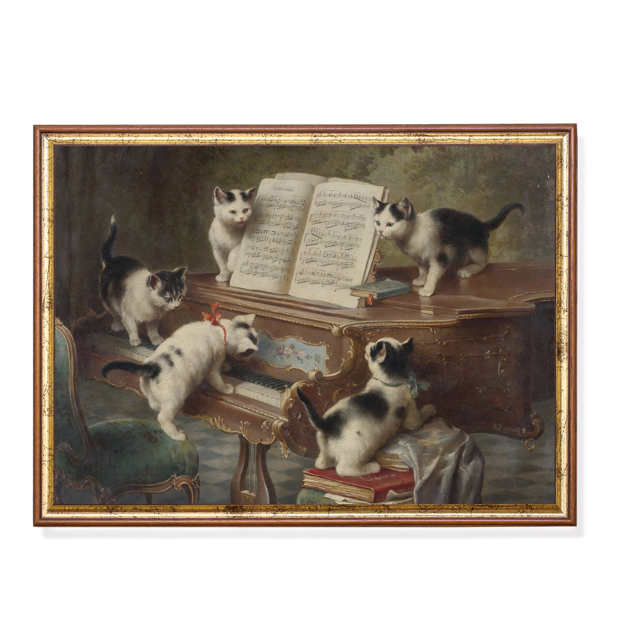 ピアノを弾く猫のオリジナル绘画/（ ピアノを弾く猫のヴィンテージプリント：アンティークな動物画、農家風